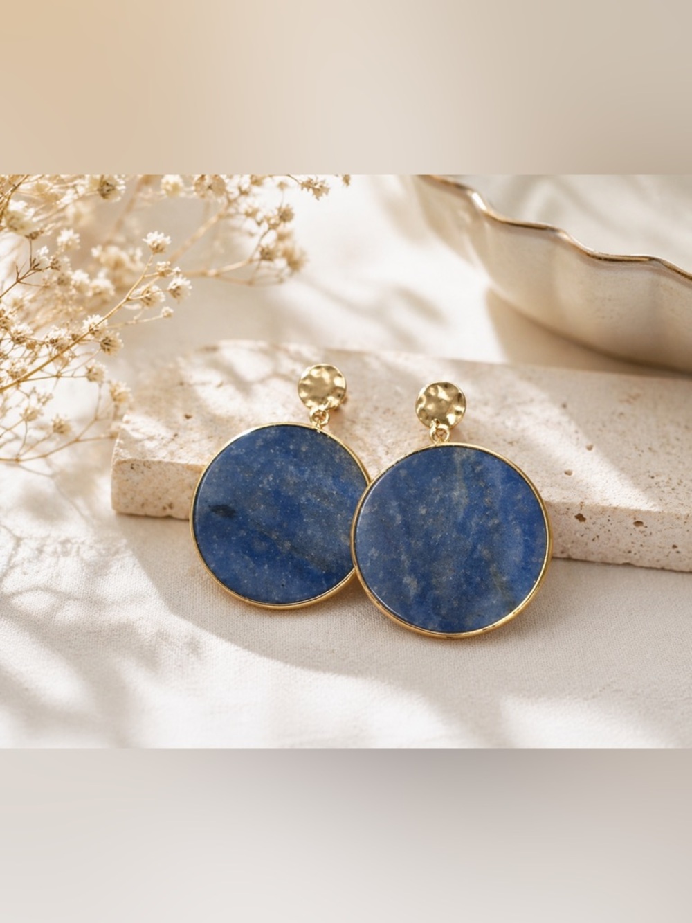 💙 Vintage Sodalite Gold Tone Disc Earrings • Statement Stud Drops • Retro Luxe